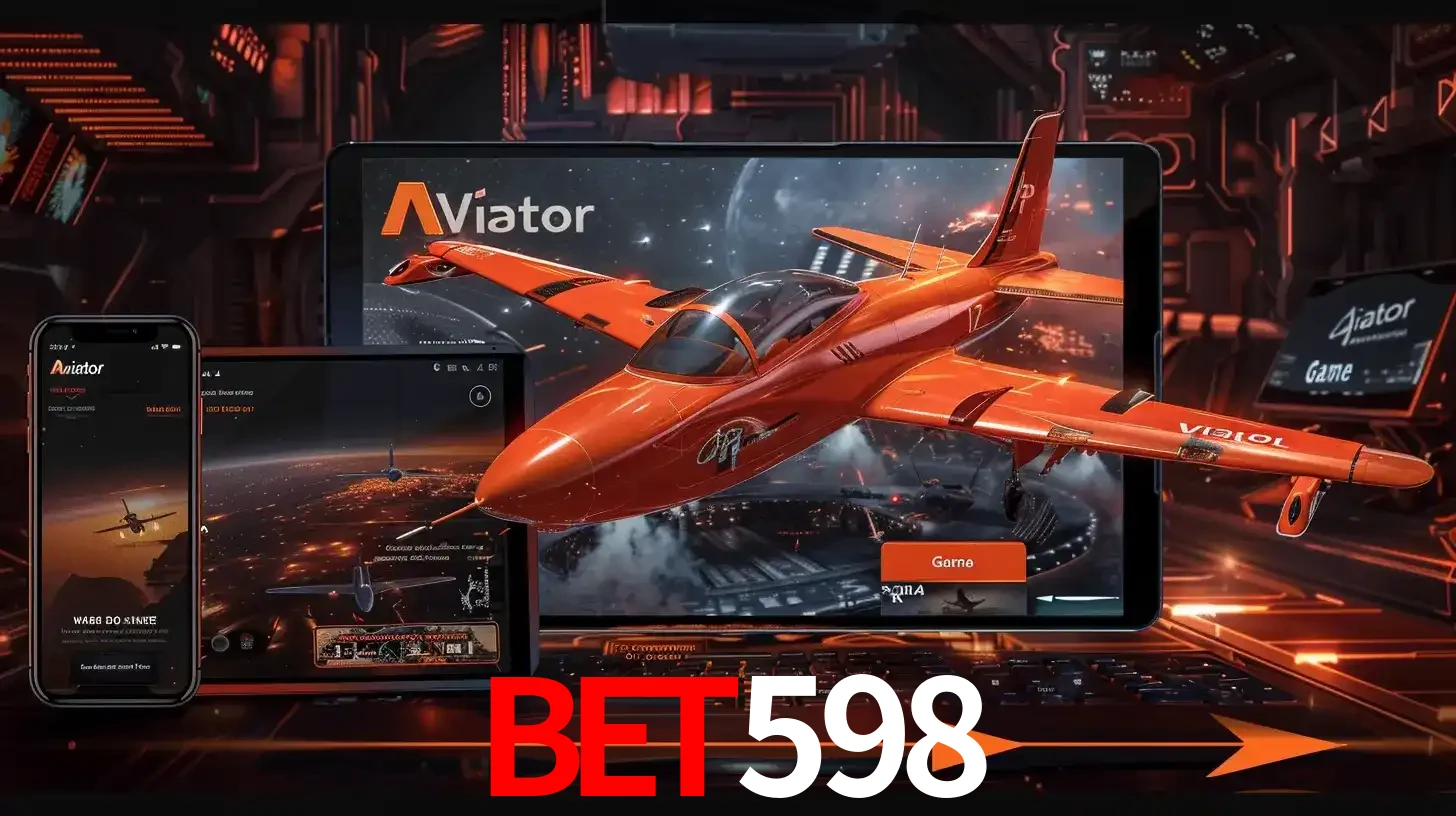 Apresentação tecnológica do jogo Aviator com um avião saindo da tela de um tablet, demonstrando a experiência imersiva em múltiplos dispositivos no bet598.