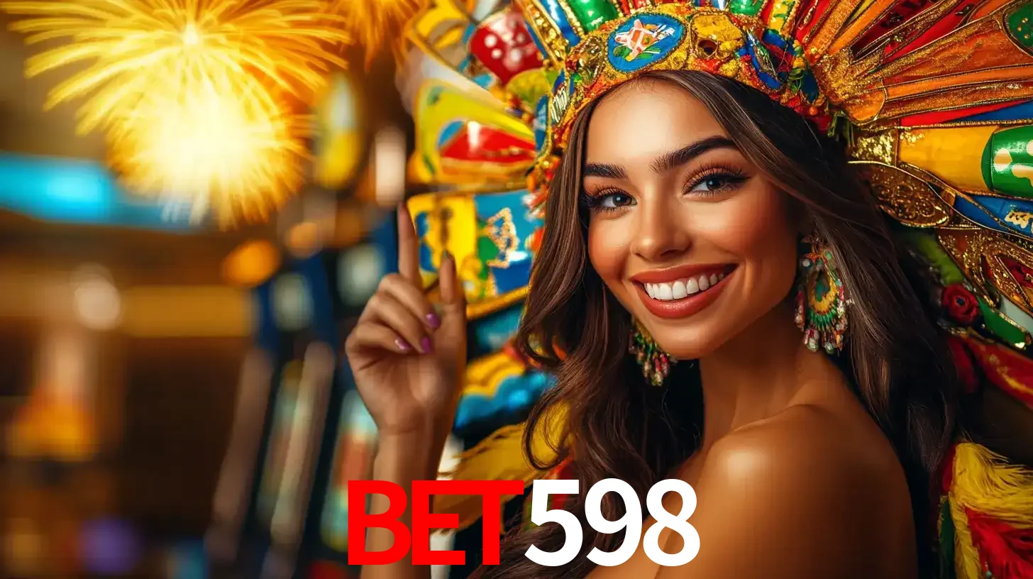 Mulher sorridente com um cocar de carnaval vibrante e colorido, celebrando uma grande vitória nos jogos do cassino bet598 com fogos de artifício ao fundo.