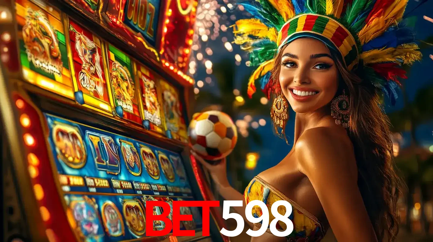 Mulher com um cocar de carnaval ao lado de uma máquina de caça-níqueis enquanto segura uma bola de futebol, mostrando a união da diversão de cassino e esportes no bet598.