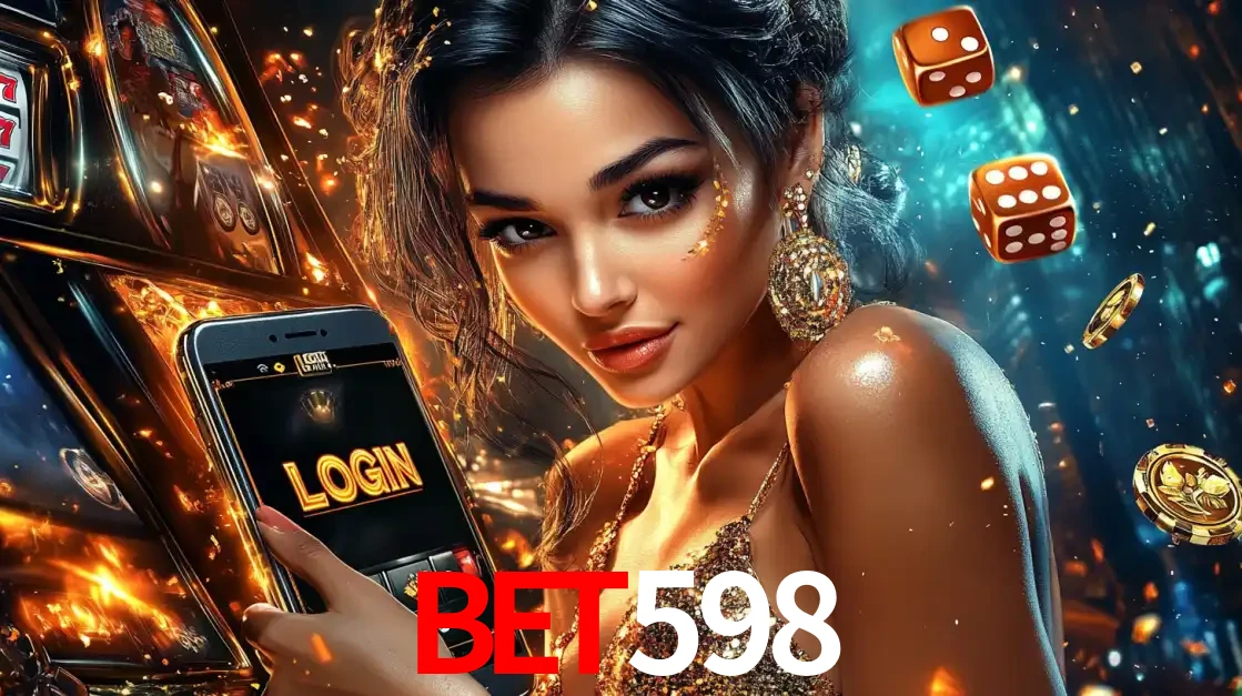 Mulher glamourosa segurando um celular com a tela de login do cassino bet598, rodeada por dados e moedas douradas, pronta para começar a diversão.