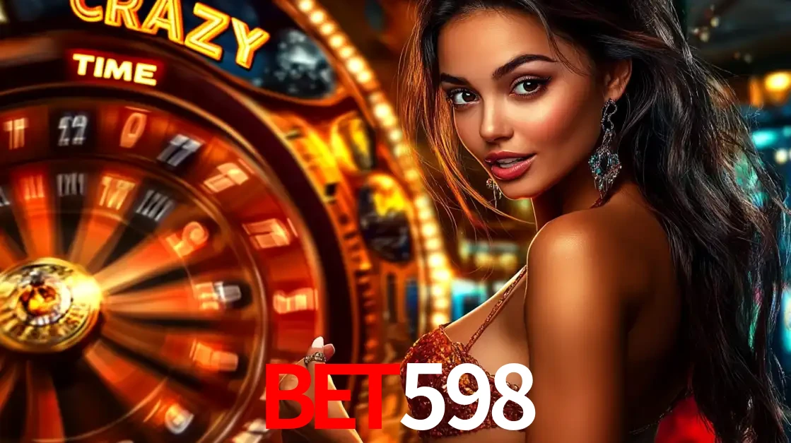 Mulher ao lado da roda de prêmios do jogo de cassino ao vivo Crazy Time, um dos shows de jogos mais emocionantes oferecidos pela plataforma de apostas bet598.