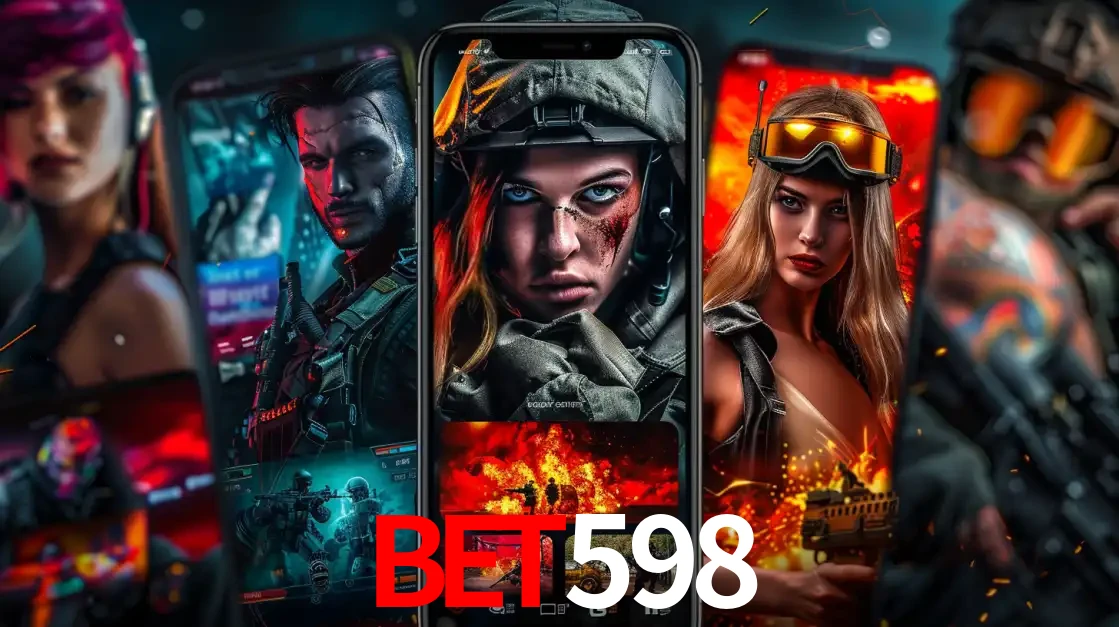 Montagem de telas de celular mostrando diversos personagens, masculinos e femininos, de um jogo de tiro, ilustrando a diversidade de equipes de e-sports para apostar no bet598.