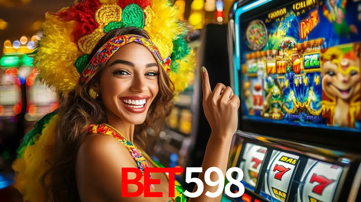 Mulher animada com um cocar de carnaval apontando para uma máquina de caça-níqueis, mostrando a emoção de ganhar um grande prêmio nos jogos do bet598.