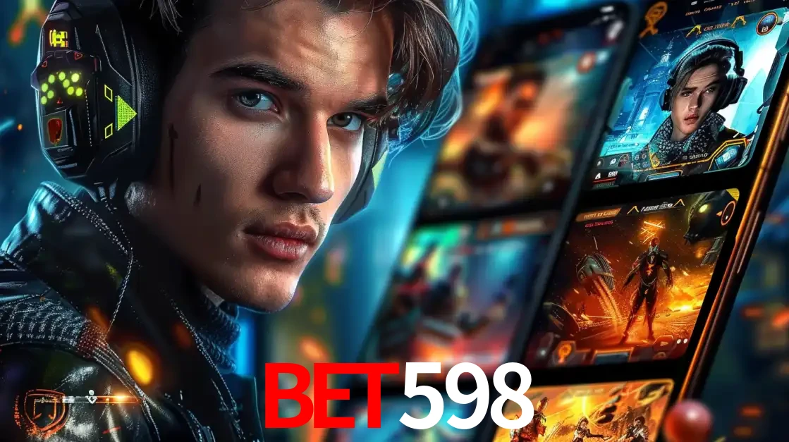 Jovem jogador com fones de ouvido olhando para a câmera, com um aplicativo de jogos e e-sports para celular ao fundo, pronto para a competição e apostas no bet598.