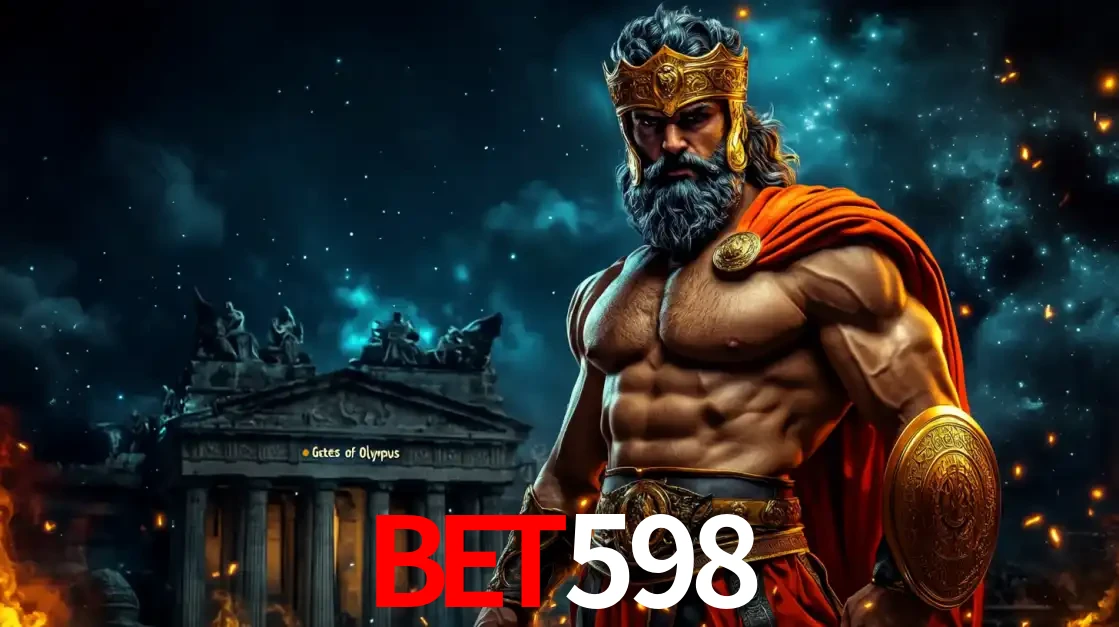 O poderoso Zeus do jogo de slot Gates of Olympus em frente ao seu templo, pronto para lançar multiplicadores divinos e prêmios épicos no cassino online bet598.