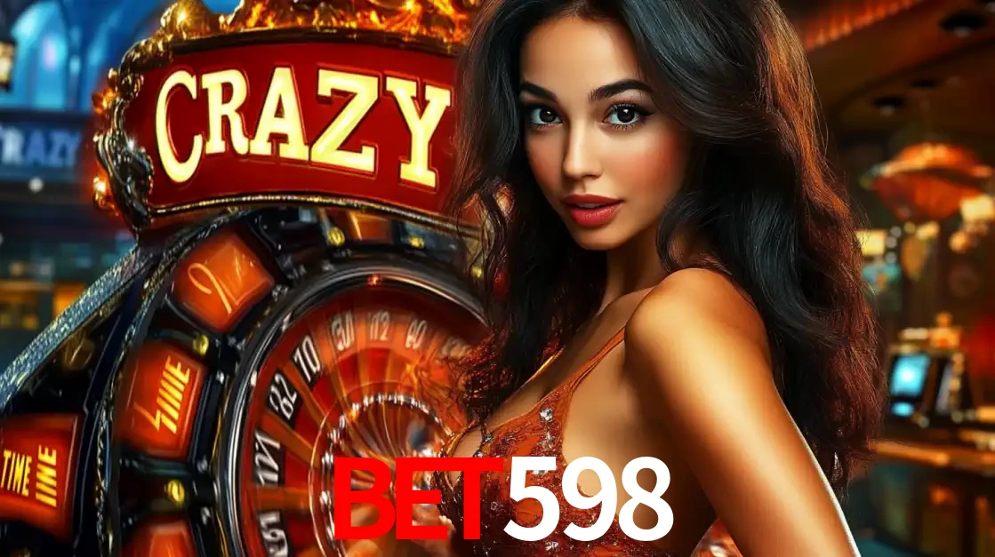 Mulher glamourosa olhando para a câmera com a roda vermelha do Crazy Time ao fundo em um ambiente de cassino, destacando a emoção dos jogos ao vivo no bet598.