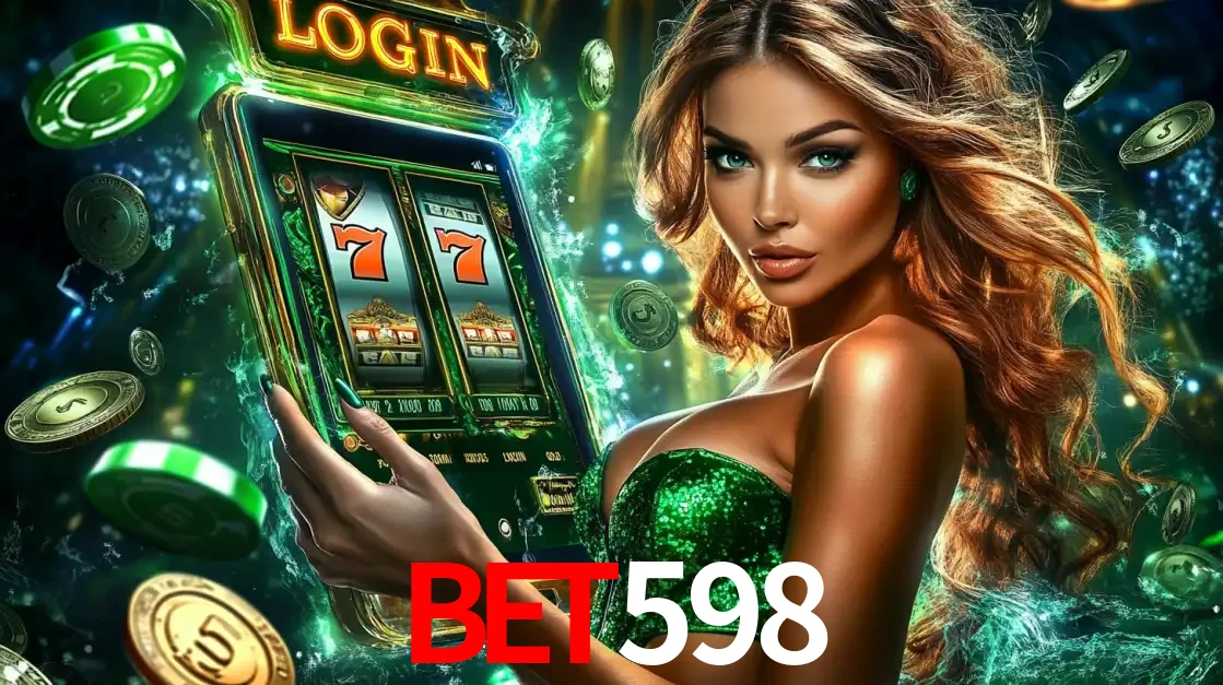 Mulher com tema verde apresentando o aplicativo do cassino bet598 com um jogo de slot de 777, cercada por fichas de cassino e uma aura de sorte.