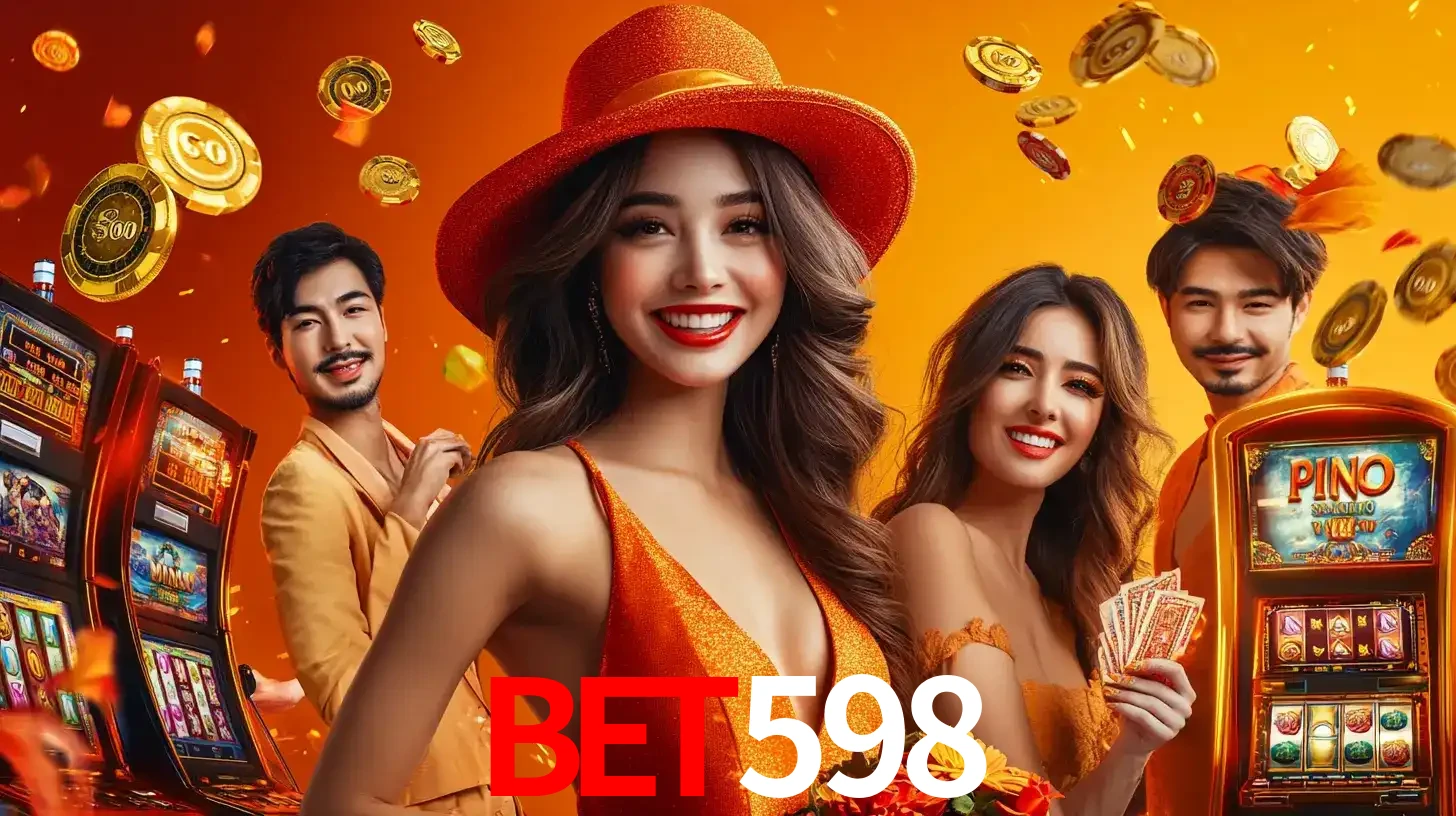 Grupo de amigos asiáticos sorrindo e se divertindo com máquinas de caça-níqueis em um ambiente festivo, celebrando suas vitórias nos jogos de cassino do bet598.