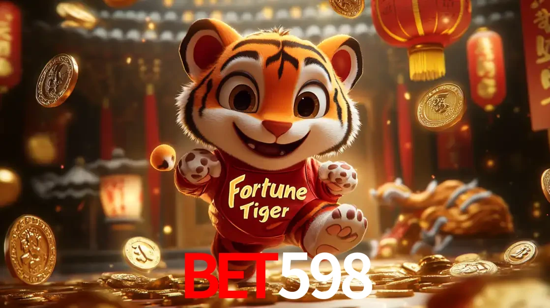 O alegre personagem do Fortune Tiger correndo sobre um caminho de moedas de ouro, simbolizando os grandes prêmios e a diversão do popular jogo de slot do bet598.