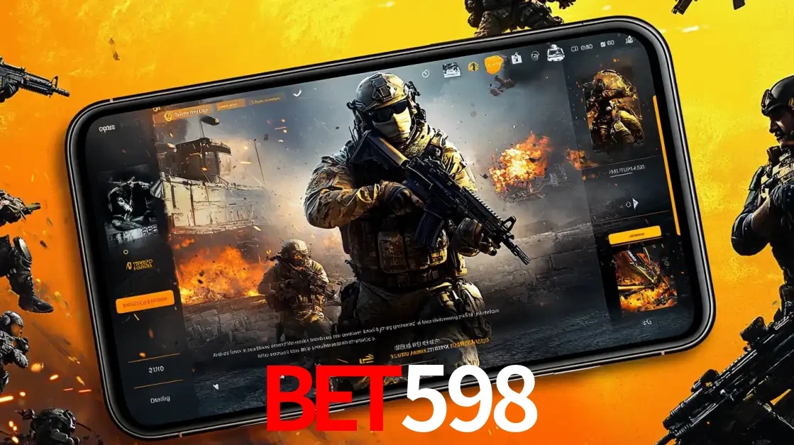 Um smartphone exibindo a interface de um jogo de tiro em primeira pessoa, com um soldado em um cenário de batalha, representando a ação dos e-sports para apostar no bet598.