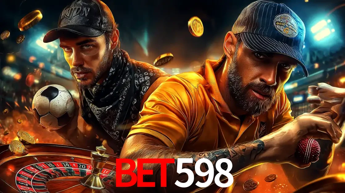 Montagem de apostas esportivas e cassino no bet598, com um homem segurando uma bola de futebol e outro uma de beisebol sobre uma roleta e moedas voadoras.