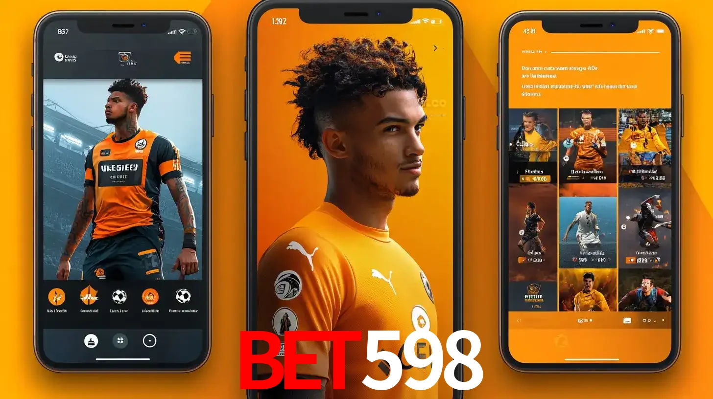 Interface do aplicativo de apostas esportivas bet598 em três telas de celular, mostrando o perfil de um jogador de futebol e a lista de jogos disponíveis para apostar.