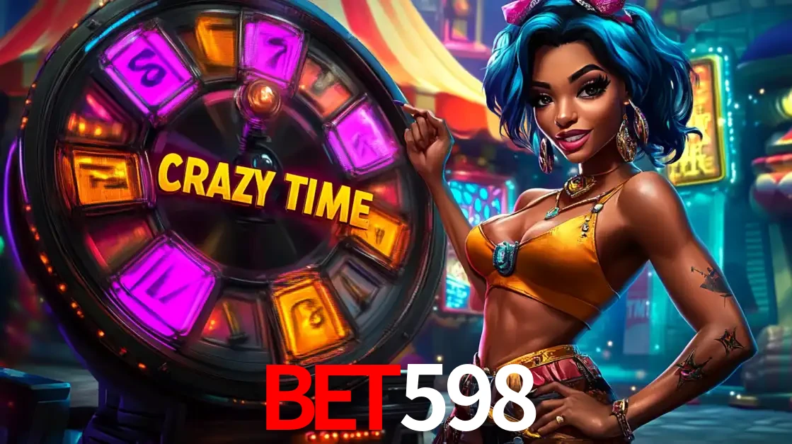Mulher estilizada com cabelo azul e visual vibrante posando ao lado da roda de prêmios do game show Crazy Time, convidando para a diversão e os bônus do cassino bet598.
