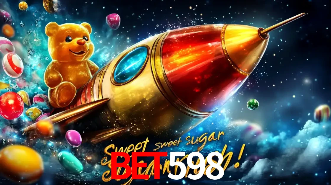 Arte promocional do jogo de slot Sugar Rush, com um urso de pelúcia em um foguete viajando pelo espaço de doces, um dos jogos divertidos disponíveis no cassino bet598.