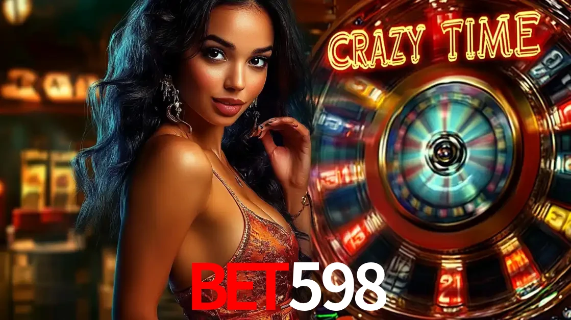 Mulher elegante ao lado da vibrante roda da fortuna do jogo de cassino ao vivo Crazy Time, um dos game shows mais populares e cheios de prêmios do bet598.