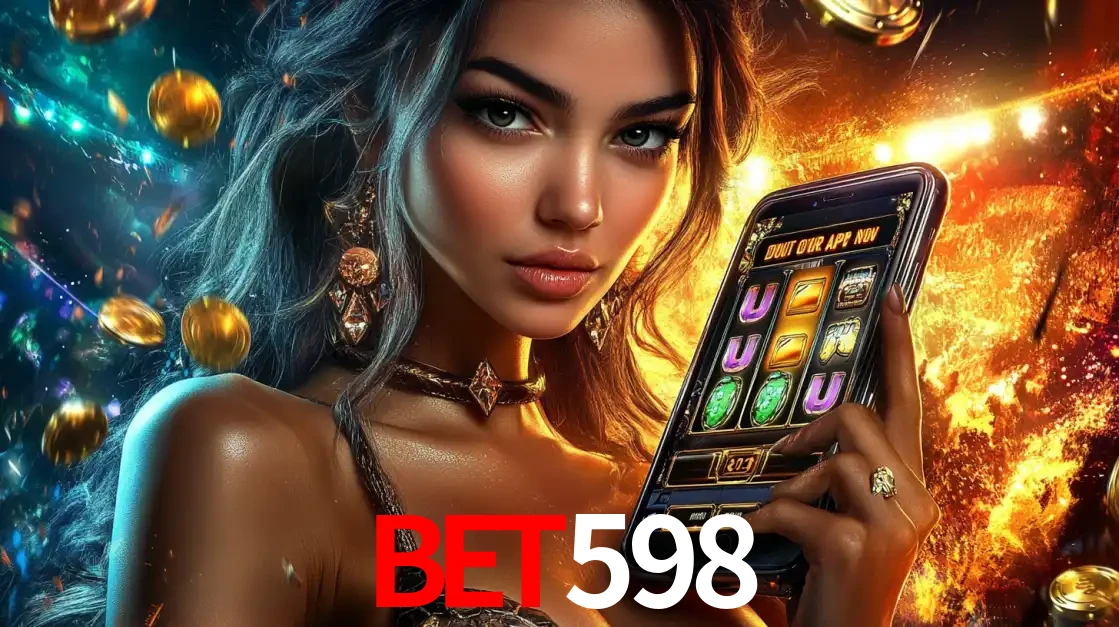 Mulher elegante mostrando um jogo de caça-níqueis em seu smartphone, destacando a experiência de cassino móvel oferecida pelo aplicativo bet598.