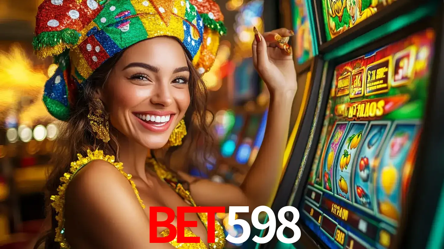 Mulher feliz com traje de carnaval amarelo e colorido ao lado de uma máquina de caça-níqueis, aproveitando a diversão e os jogos temáticos do cassino bet598.