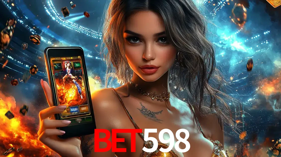 Mulher segurando um celular com um jogo de slot em destaque, tendo como fundo um estádio vibrante, simbolizando a emoção de jogar no cassino móvel bet598.