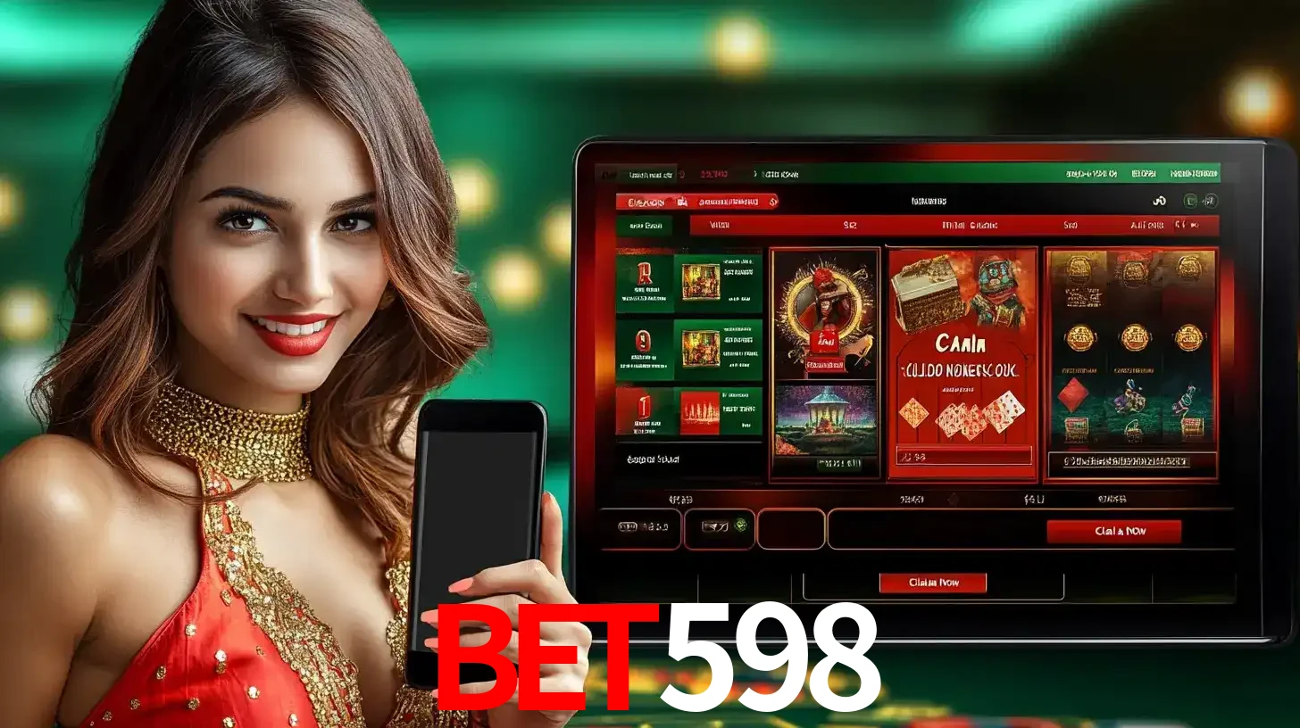 Mulher sorridente segurando um smartphone, ao lado de uma tela exibindo o lobby de jogos do cassino online bet598, com várias opções de jogos de cartas e slots.